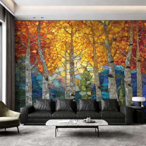 Papier peint arbre de ginkgo cache les défauts des murs du salon - 2