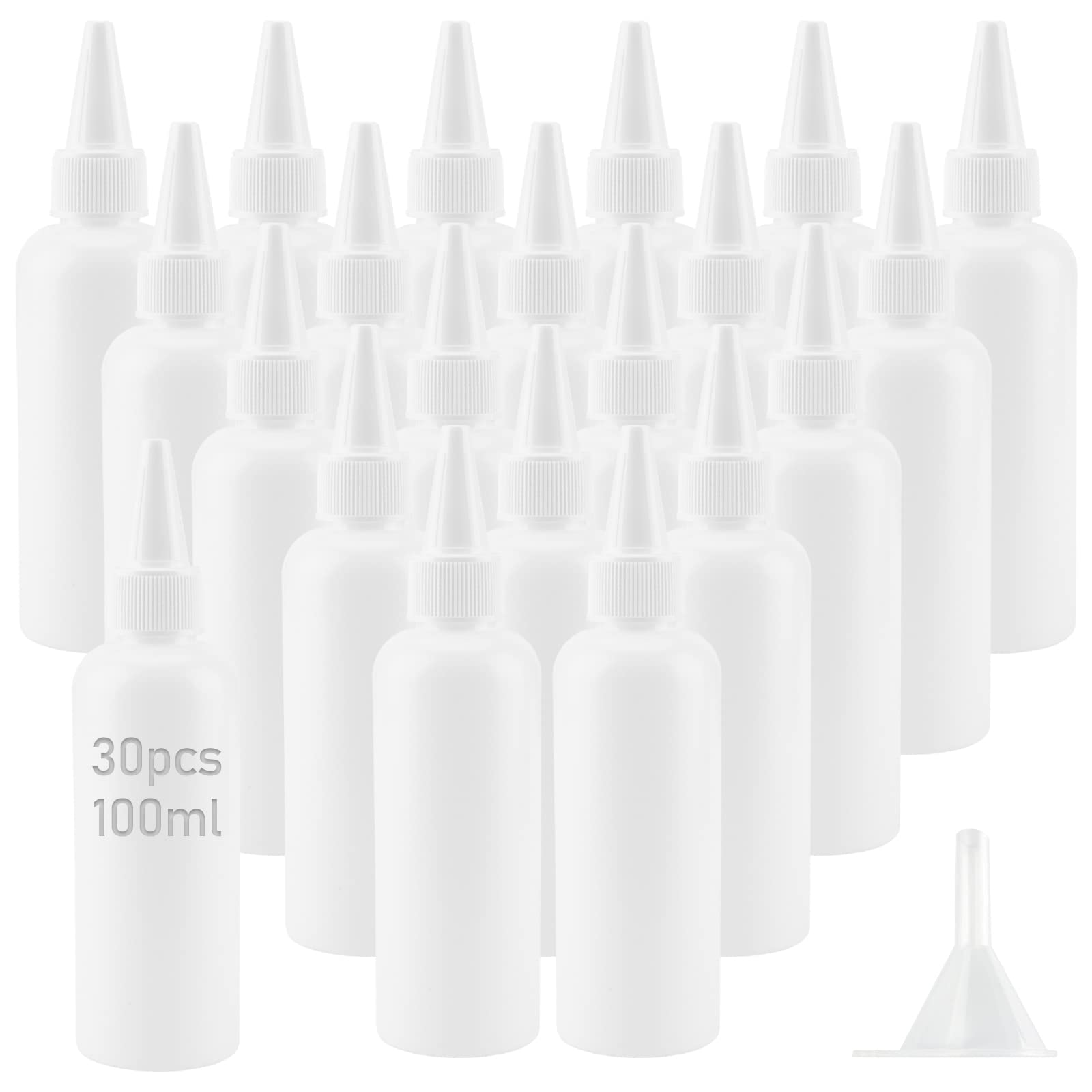Zeonhei White 30 Pcs 100Ml Small Squeeze Bottles, Empty Squeeze Condiment Bottles With Nozzles And 30 Funnels, Plastic Dropper Bottle Dispensing Bottles For Ketchup, Sauces, Craft Lotion