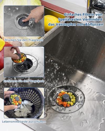 iFealClear 3-in-1 Stöpsel für Spülbecken, Küchen Spülbecken Stöpsel, Universal Abflusssieb Küchenspüle, Abflussstopfen Küchenspülem, Geeignet für Spülbecken Bohrung 72-86mm, Tiefe > 28mm