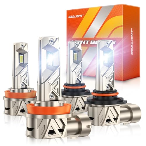 SEALIGHT 9005 H11 𝐋𝐄𝐃 Bulbs Combo, 96,000LM Ultra-1000% Brighter 32PCS Lighting Chips, 6500K White HB3 H8 Combo, IP68 80,000hrs+ Lifespan, Plug N Play, Pack of 4