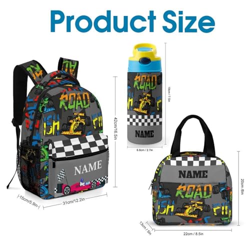 Custom Colorful Car Cartoon Backpack for Kids Girls Boys Add Name Personalized 3 in 1 Book Bags with Lunch Box Kids Water Bottle Customized School Bag Set2