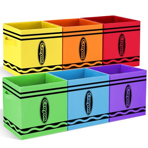 Erogeen 6 Pcs 11 Inch Fabric Storage Bins Classroom, Colorful Collapsible Cubby Organizer Baskets with Handles Classroom Must Have for Preschool Elementary Daycare (Crayon)