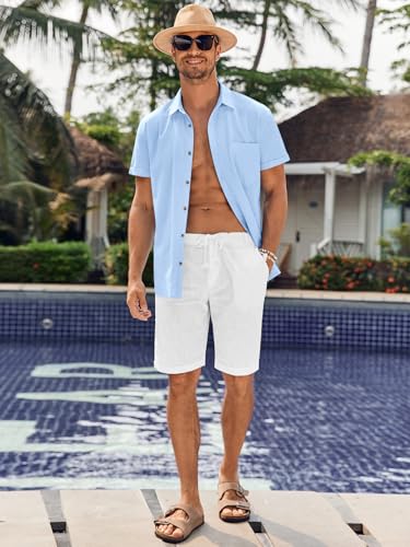 Mens Short Sleeve Button Up Shirts Linen Cotton Beach Tops Spread Collar Plain Summer T Shirt with Pocket4