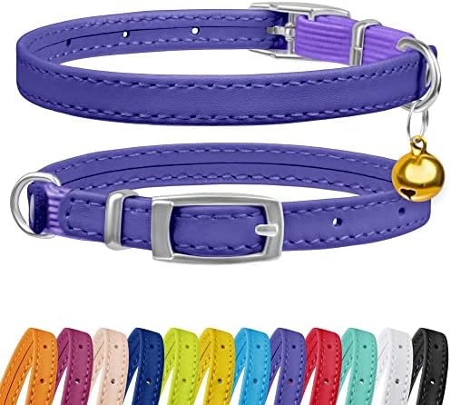 CollarDirect Leather Cat Collar with Elastic Safety Strap and Bell for Boy, Girl, Kitten (Neck Fit 9"-11", Purple)