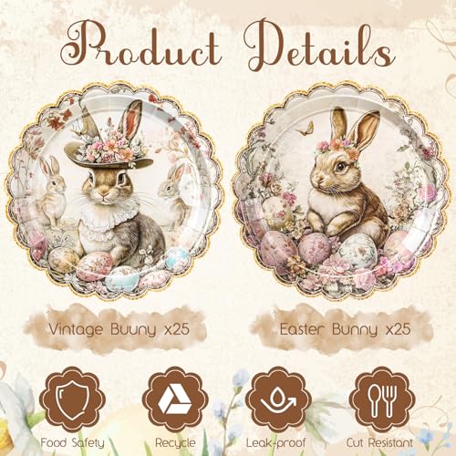 Newtay 50 Pcs Easter Paper Plates Vintage Bunny Party Dessert Plates 7 Inch with Gold Edge for Spring Birthday Baby Shower Decor Supplies - Thumbnail 3