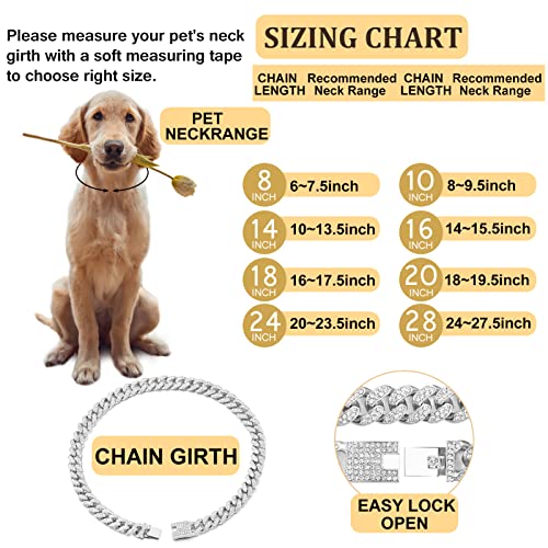 Image of Cuban Link Dog Collar Gold Silver Color Metal Dog Chain Collar Cuban Diamond Chain Pet Collars for Dogs Cats Jewelry 8 /10 /14 /16 /18 /20 /24 /28 Inch (16inch, Silver)
