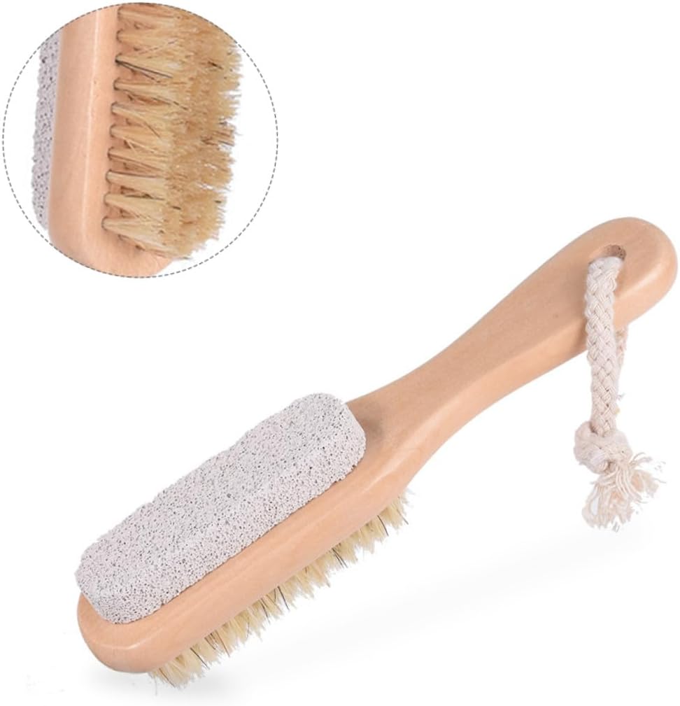 3pcs Double-Sided Foot Pumice Stone and Natural Bristle Scrubbing Brush Set with Wooden Handle for Dead Skin Removal and Exfoliating Foot Care in Shower