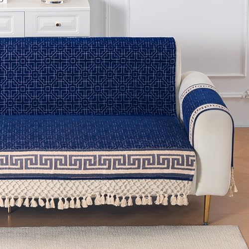 Image of HOKIPO 'Imperial Tassel Series' Premium Chenille Jacquard Sofa Cover Set for 3 Seater for Seat, Back & Arms with Tassels, Royal Blue (IN-1011 + IN-1012-I4*2)