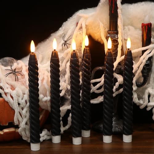 Image of Black Flameless Taper Candles Halloween Flickering with Remote Timer, 3D Wick LED Spiral Horror Party Candles Battery Operated 6 Pack Real Wax Home Halloween Decor(0.78 X 9.8 Inchs)