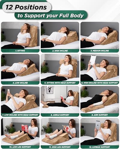 Lunix 3pcs Orthopedic Bed Wedge Pillow Set, Post Surgery Memory Foam for Back, Leg, and Knee Pain Relief, Adjustable Sitting Pillow for Sleeping, Acid Reflux, and GERD, with Hot Cold Pack, Brown