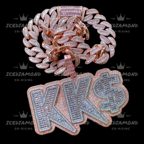 ICEDIAMOND Custom 18K Baguette CZ Diamond Nameplated Pendant Necklace, Gold Plated Hip Hop 2-Layer Letter Jumbo Pendant Customized Chain Necklace for Men2