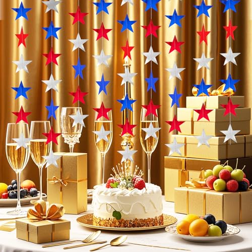 Image of Glitter Star Garland Banner Decor 130 Feet Star Garland Hanging Bunting Banner Backdrop for Independence Day 4th of July Decorations Party(Red Blue Silver)