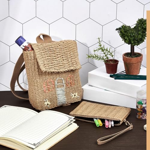 2 Pcs Kids Straw Backpack & Clutch Handbag - Woven Mini Bohemian Cute Little House Straw Backpack for Girls4