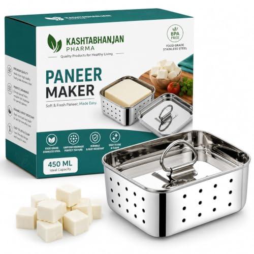 Image of KASHTHABHANJAN PHARMA Large Stainless Steel Paneer Maker (500 ml) - Square Paneer Maker Mould Press with Lid | Rust Resistant Medium Paneer Strainer - Perfect for Fresh Paneer, Tofu & Sprouts
