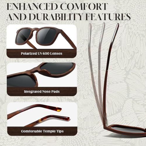 SUNGAIT Men’s Square Wood Sunglasses Classic Camphorwood Polarized Shades w. Green PU Leather Case4