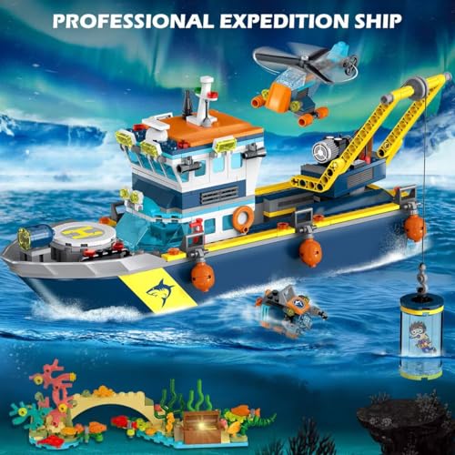 HOGOKIDS City Schwimmfähiges Boot Baukasten mit LED Licht - Spaß Arctic Explorer Schiffs Baustein Ozean Exploration mit Hubschrauber U-Boot Geburtstags Geschenk für 6+ Jahre alte Jungen Mädchen Kinder