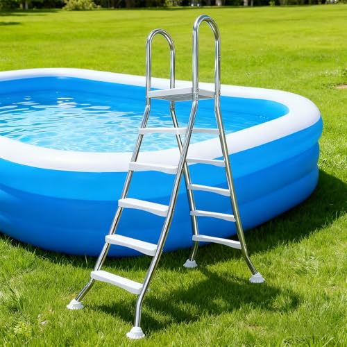 Escalera de piscina resistente de 2 peldaños para piscinas sobre el suelo, antideslizante, se adapta a paredes de 33 pulgadas, acceso seguro con almohadillas giratorias, fácil entrada y diseño