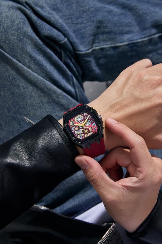 Image of Giordano Analog Quartz Watch for Men with Octagonal Skeleton Dial, Exposed Gear Design, Date Display and Silicone Strap - GZ-50221