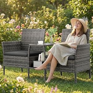 UDPATIO Gartenbank Wetterfest 2-Sitzer mit Integriertem Tisch, Polyrattan Sitzbank mit Stauraum, BalkonBank Sitzgruppe Outdoor Gatten, Grau