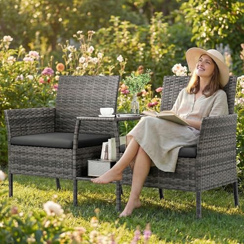 UDPATIO Gartenbank Wetterfest 2-Sitzer mit Integriertem Tisch, Polyrattan Sitzbank mit Stauraum, BalkonBank Sitzgruppe Outdoor Gatten, Grau