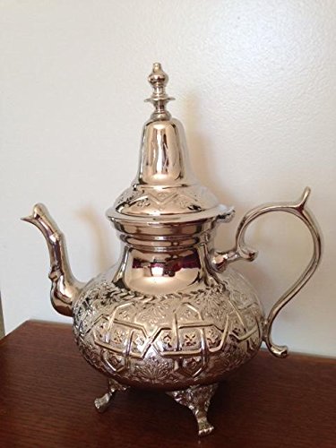 Moroccan Tea Pot Handmade Serving X-Large Brass Silver Plated Hand Carved In Fes Morocco