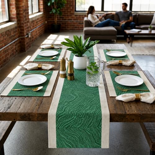 Image of YELONA Placemats and Table Runner Set - Heat Resistant, Non-Slip & Washable PVC Vinyl Dining Table Mats - Jade Green (4 Placemats: 45x30 cm, 1 Runner: 180x30 cm)