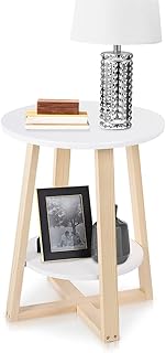 Tavolino rotondo a 2 livelli bianco, tavolino moderno per piccoli spazi, comodino con ripiano e gambe in legno per soggiorno camera da letto casa, 40 x 40 x 50,5 cm