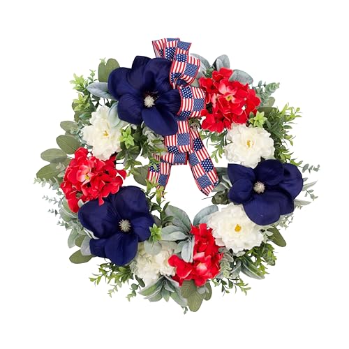 24 Inch Patriotic 4th of July Wreath for Front Door, Red White Blue Flower Summer Wreath with USA Flag Printed Bow, Handcrafted Memorial Day Independence Day American Home Decor