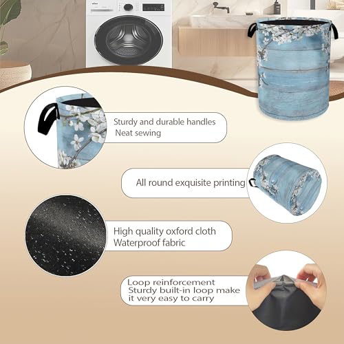 Image of Spring Flowers Laundry Hamper,Rustic Blue Woodboard Clothes Hamper for Laundry,Waterproof Oxford Toy Storage Collapsible Hampers for Bedroom, Dorm Room,Bathroom,16x20 Inch