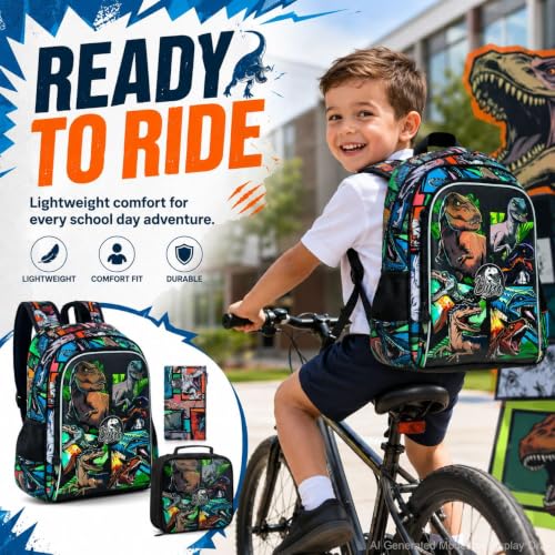 Image of 3PCS Dinosaur Backpack for Boys, 16 Inch Kids Water Resistant Preschool Elementary Kindergarten Bookbags and Lunch Box | Kids
