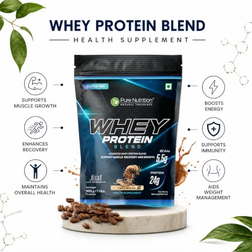 Image of Pure Nutrition Whey Protein Powder Blend (Isolate + Concentrate) | Whey Isolate Protein Powder with Whey Protein Concentrate Supports Muscle Recovery and Growth for both men and women - 500g Cafe Mocha Flavor