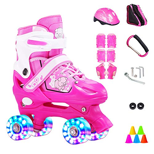 ZCRFY Patines En Línea Niños Roller Skates Doble Fila 4 Rueda Zapatos Deslizantes Patinaje Cuádruple Ajustable Flash para Principiantes 3-14 Años De Edad Regalos para Niños,Pink-Set2-M(33-37) Code