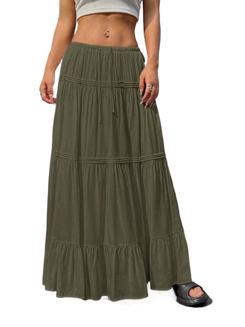 Womens Trendy Elegant Skirt Solid Color Ruffle Hem Long Casual Skirt