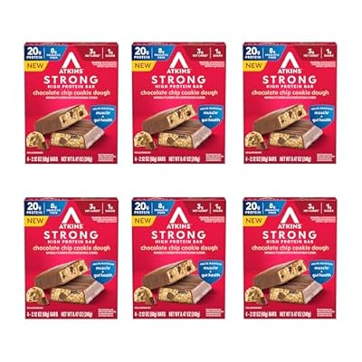 Atkins Strong Chocolate Chip Cookie Dough High Protein Bars, 20g Protein, 2g Sugar, 4 Count (Pack of 6)