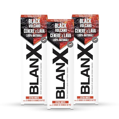 BlanX, Dentifricio Black Volcano, Dentifricio Sbiancante Extra White, 3x75ml Fino a 3 Gradi di Bianco in Più, Con Licheni Islandici, Cenere Vulcanica 100% Naturali, Aroma Extra Fresco