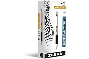 Zebra G-402 Retractable Gel Pen, Stainless Steel Barrel, Fine Point (0.5mm), Black Ink, 12-Pack