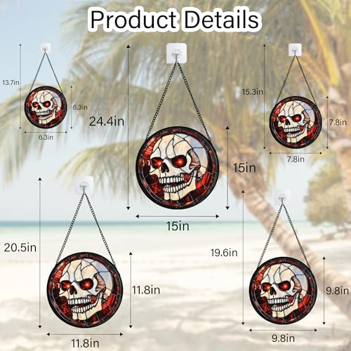Image of Stained Glass Window Hanging - Halloween Decorations White Skeleton Suncatcher for Doors Garden Indoor Spooky Funny Red Sun Catchers Gothic Decor Horror Gifts for Women Men Friend 7.8 in
