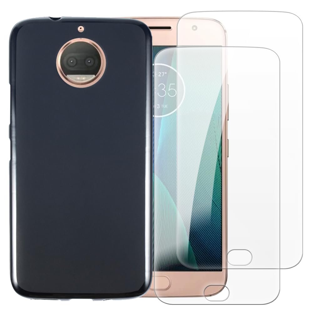 Case with 2 Pack Screen Protector Combo Compatible with Motorola Moto G5S Plus, Shockproof Cover and Tempered Glass Set for Full Body Safety(Black)