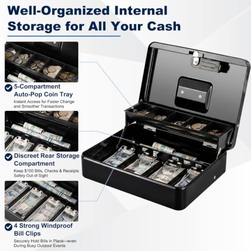 Image of KYODOLED Cash Box with Money Tray and Electronic Lock, 11.8 Inch, Black