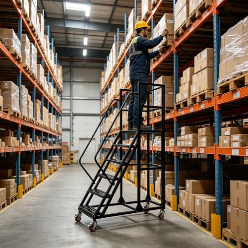 Image of 6-Step Rolling Warehouse Step Ladder, Lockable Wheels, Non-Slip Wide Steps, Dual Handrails, Movable Platform Ladder, Rolling Stairs for Warehouse, Supermarket, Library (Black, 6 Steps)
