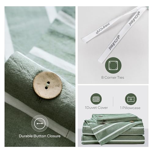 Image of JELLYMONI Cotton Duvet Cover Twin XL Size - Green Striped Comforter Cover with Button 100% Washed Cotton 2PCS Breathable Soft Solid Bedding Set Duvet Cover 66x92in & 1 Pillowcase (NO Comforter)