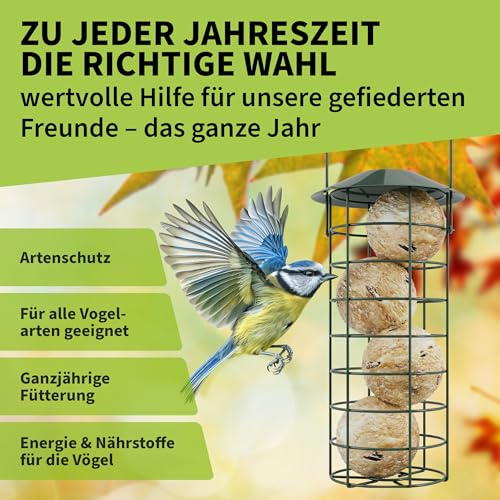 TTL Garden 2er Set 31cm Meisenknödelhalter mit Dach - Meisenknödel Halter für Wildvögel rund Ø 8 cm Stahl rostfrei grün pulverbeschichtet Futterstelle Vogelfutterspender für Garten Balkon Terrasse