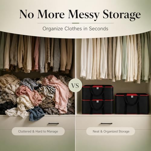 Image of DALUCI Underbed Storage Bags for Clothes Pack of 2 Large Moisture Proof Organizer with Zipper Non Woven Foldable Storage Bag for Blanket Saree Wardrobe 54 x 46 x 28 cm (Black & Red - Large, 2 Pack)