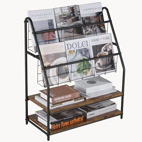 VECELO Magazine Holder Floor,2-Tier Metal Magazine Racks, Newspaper Display Stand with Board Shelves for Books and Brochure in Home Office,Shopping Malls,Indoor&Outdoor Place, Retro Brown