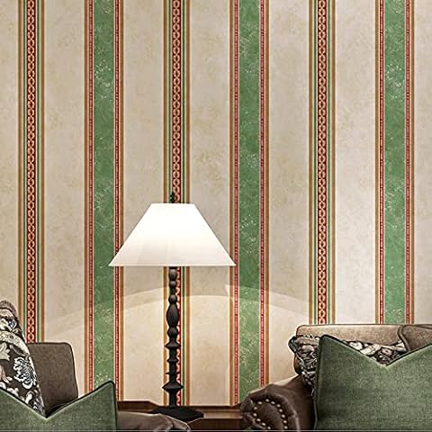 FLZHime Green Vertical Stripes TV Background Living Room Bedroom Vintage Rural American Countryside Style 1.73'W x 32.8‘L Non-Woven Non-Pasted Wallpaper Cover