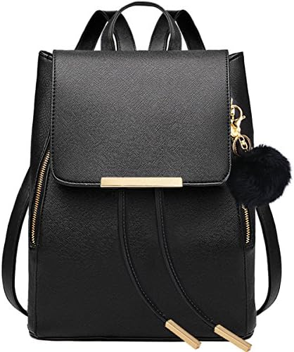 Black Faux Leather Backpack for Women Schoolbag Casual Daypack (Black with keychain)