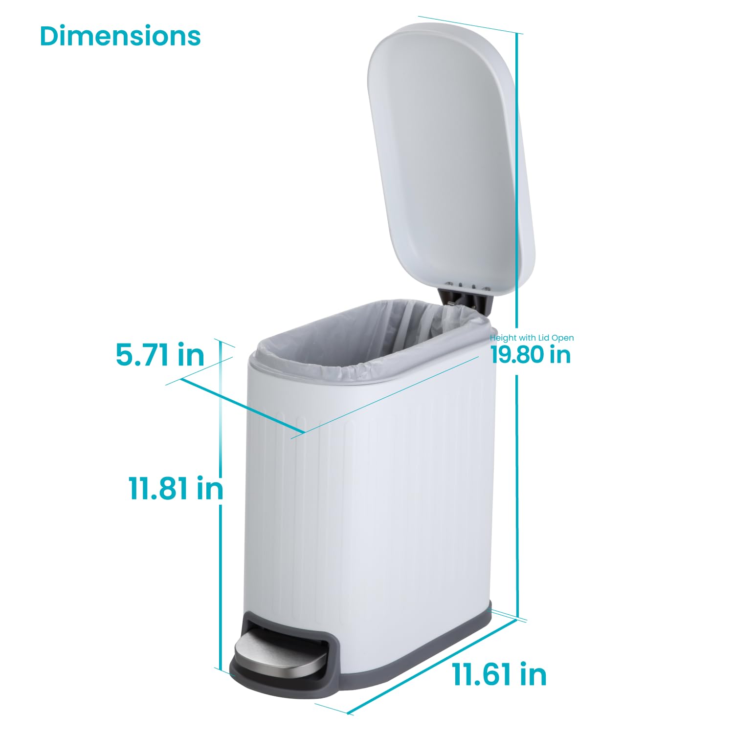 Home Zone Living Kleiner Badezimmer-Mülleimer mit Deckel, mattweißer Edelstahl-Mülleimer mit schlanker, schmaler Form und herausnehmbarem Einsatz, Trittpedal, 5 Liter