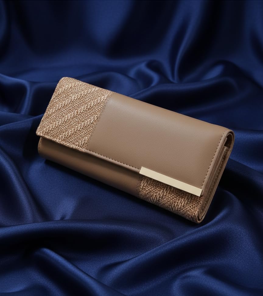 Image of Wallet for Women Girls Stylish Floral Faux Leather with Phone Space Coin Compartment Mobile Storage 4 Card Slots Holder Cash Zip Pockets Hand Clutch for Daily Use Ladies Long Purse (Khaki)