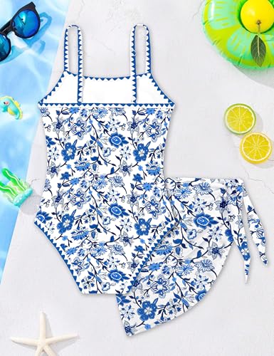 Image of WIQI Girls Swimsuit One Piece Bathing Suit Color Contrast Trim Girls' Swimwear with Cover Up Skirt Size 9-16