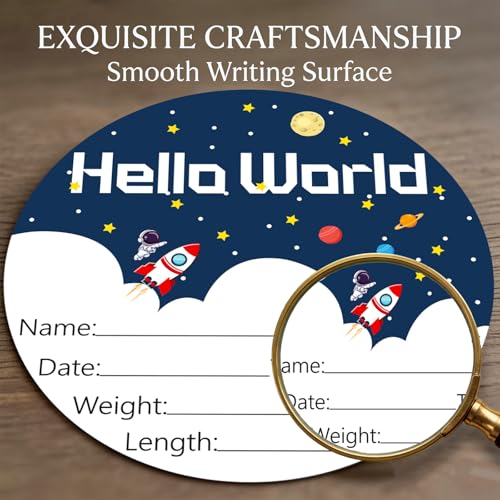 Image of Birth Announcement Sign Hello World Baby Name Wood Spaceship Theme | Round Wood Plaque with Stars & Spaceship Design, Custom Name Date Weight Length Great for Nursery Wall Baby Shower Gifts